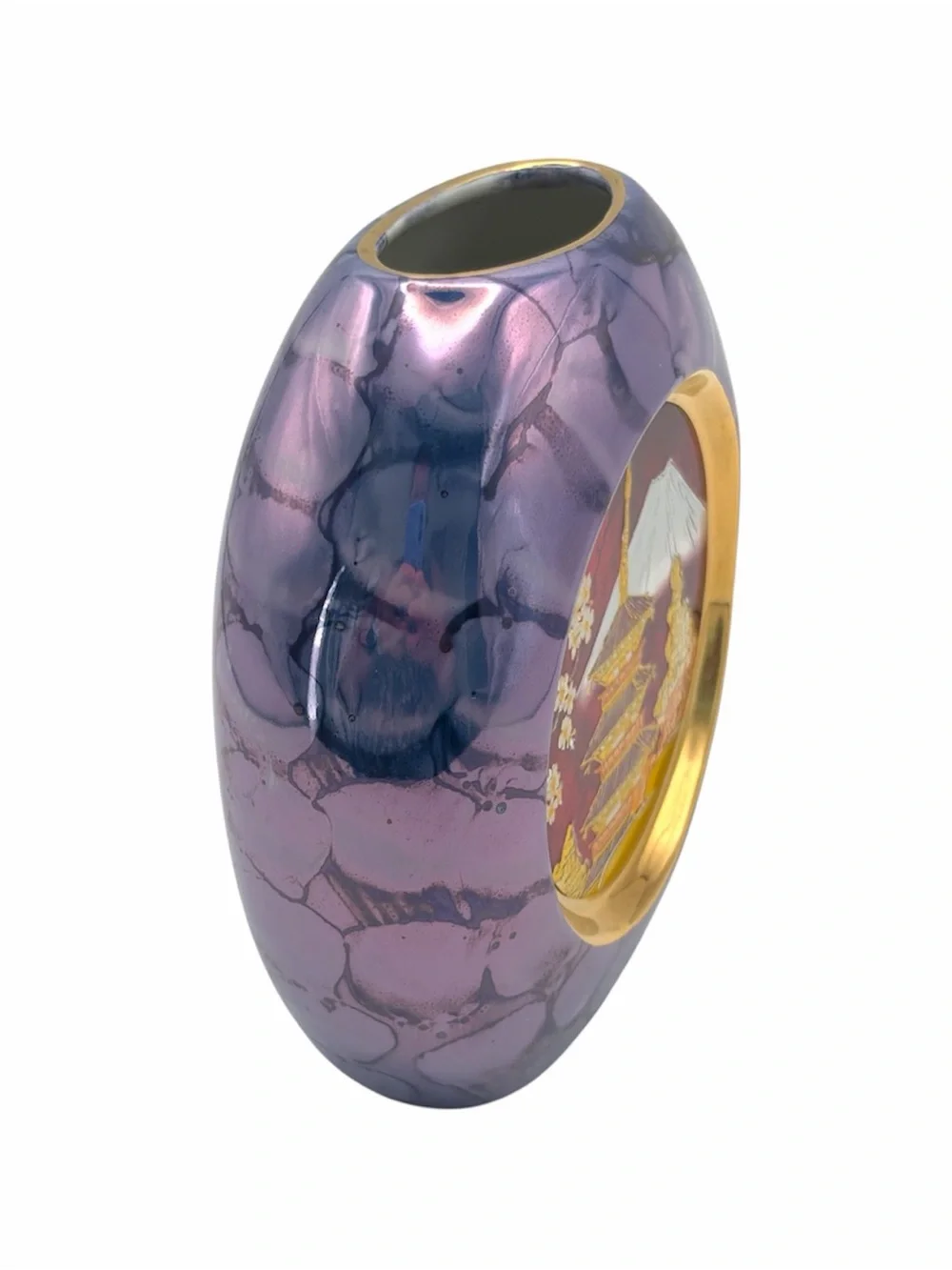 Vintage Art of Chokin Vase Purple Mount Fuji Temple 24K Gold Trim Japan